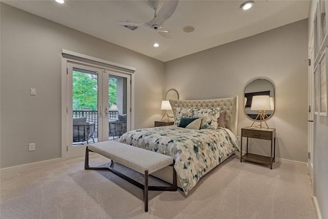 bedroom featuring carpet flooring, recessed lighting, and access to exterior