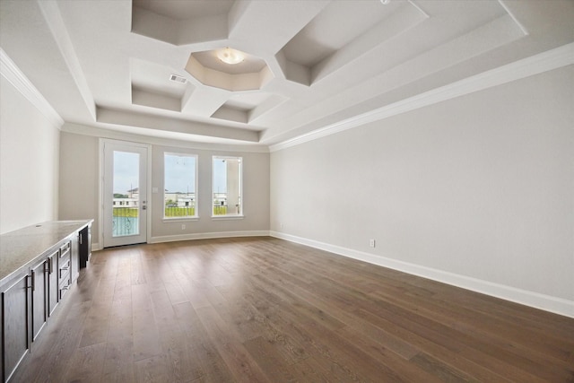 unfurnished living room featuring dark wood-style flooring, crown molding, and coffered ceiling