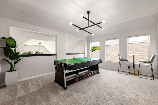game room with a chandelier, carpet floors, visible vents, and baseboards