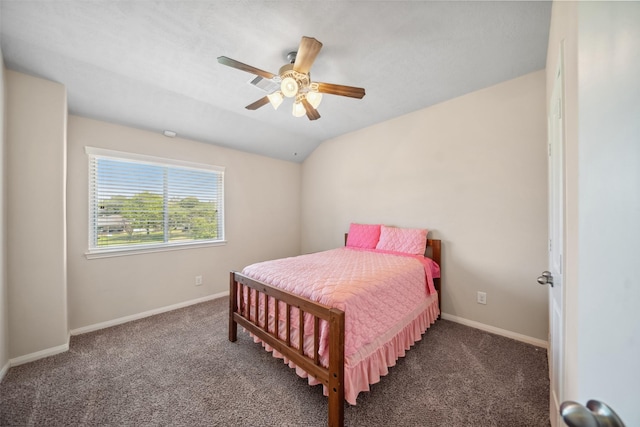 carpeted bedroom with a ceiling fan, baseboards, and lofted ceiling