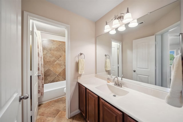 full bathroom featuring toilet, visible vents, shower / bathtub combination with curtain, and vanity