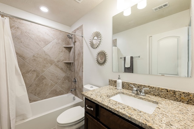 full bath featuring vanity, shower / tub combo, toilet, visible vents, and recessed lighting