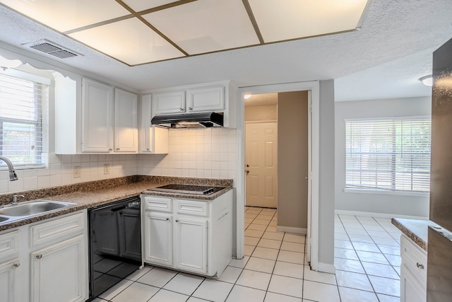 10610 Dunbrook Dr, Houston, TX 77070 - kitchen with under cabinet range hood, visible vents, a sink, light tile patterned floors, and black appliances