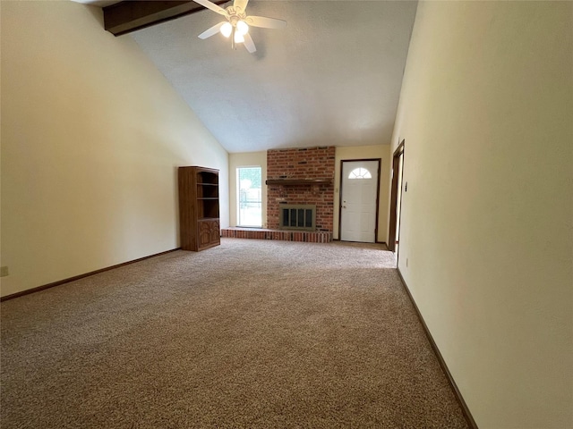 unfurnished living room with a ceiling fan, carpet flooring, beam ceiling, and high vaulted ceiling