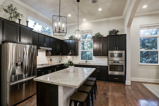 kitchen featuring a sink, a healthy amount of sunlight, a notable chandelier, under cabinet range hood, and appliances with stainless steel finishes