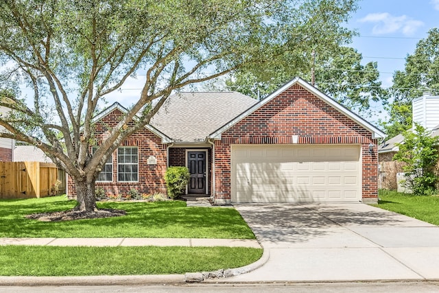 6723 Cypress Glades Dr, Katy, TX 77449 - view of front of house with concrete driveway, an attached garage, fence, a front yard, and brick siding