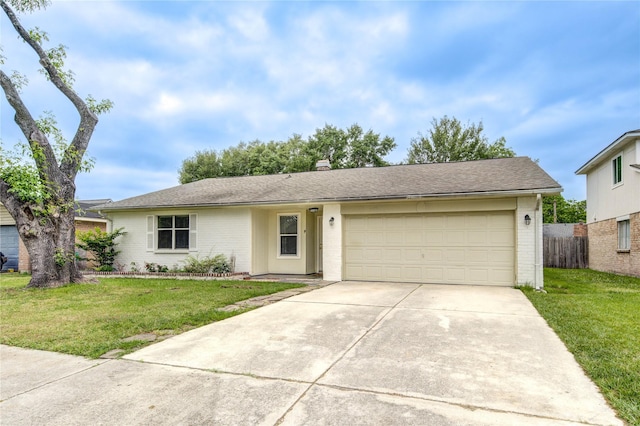 ranch-style house with brick siding, a front lawn, concrete driveway, and a garage