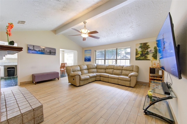 living room featuring light wood finished floors, visible vents, a ceiling fan, lofted ceiling with beams, and a textured ceiling