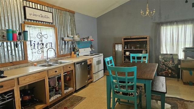 101 Plantation Dr, Waller, TX 77484 - kitchen featuring vaulted ceiling, stainless steel dishwasher, a sink, a chandelier, and white electric stove