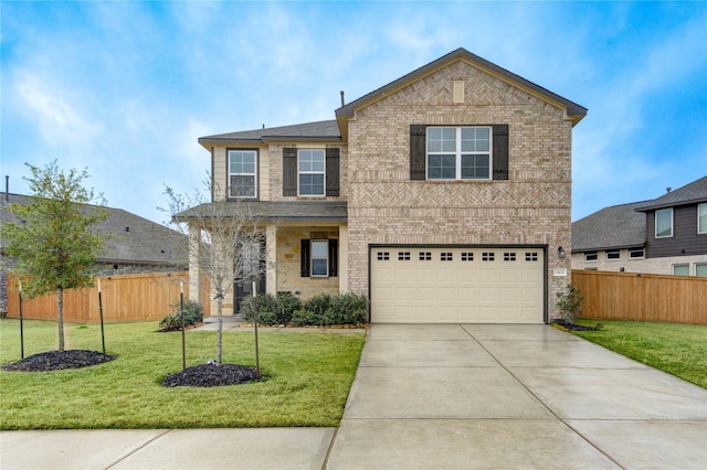 traditional-style house with fence, driveway, brick siding, a front yard, and a garage