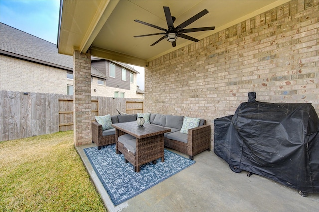 view of patio / terrace featuring grilling area, an outdoor hangout area, fence, and ceiling fan