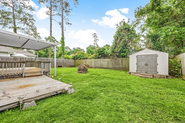 view of yard with a storage unit, a fenced backyard, a fire pit, and a wooden deck