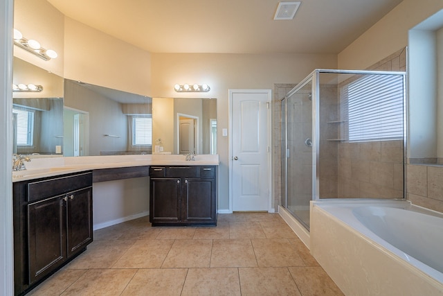 18922 Deer Trace Dr, Crosby, TX 77532 - bathroom with a bath, tile patterned flooring, visible vents, and a stall shower
