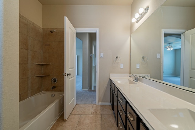 18922 Deer Trace Dr, Crosby, TX 77532 - bathroom featuring tub / shower combination, double vanity, tile patterned floors, and a sink