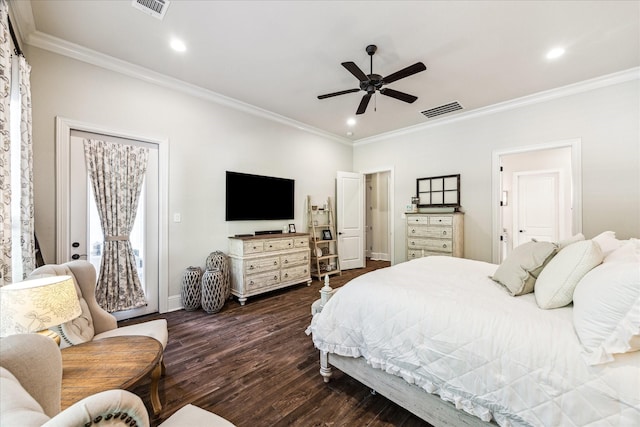 bedroom with access to outside, visible vents, and ornamental molding