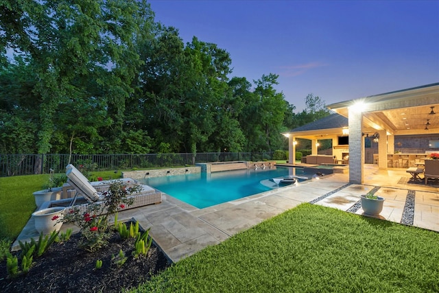 view of pool with a fenced in pool, a fenced backyard, a patio area, and a yard
