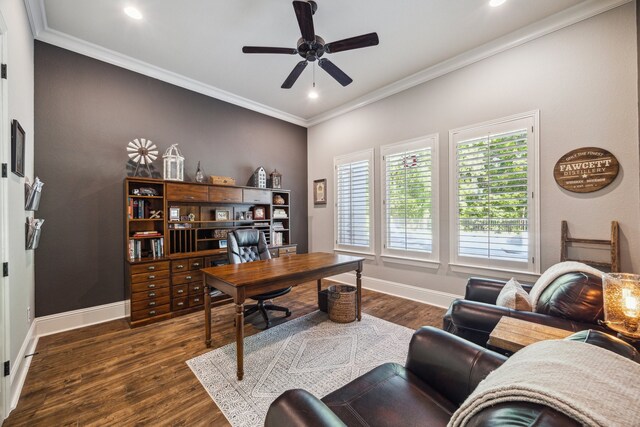 office with ceiling fan, recessed lighting, baseboards, dark wood-type flooring, and ornamental molding
