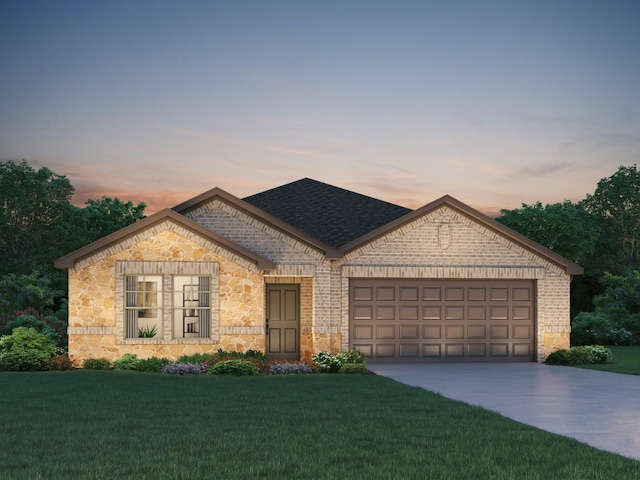 ranch-style home featuring concrete driveway, brick siding, a yard, and a garage