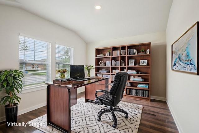 7746 Beaufort Ln, Baytown, TX 77523 - office space featuring lofted ceiling, baseboards, dark wood-type flooring, and recessed lighting