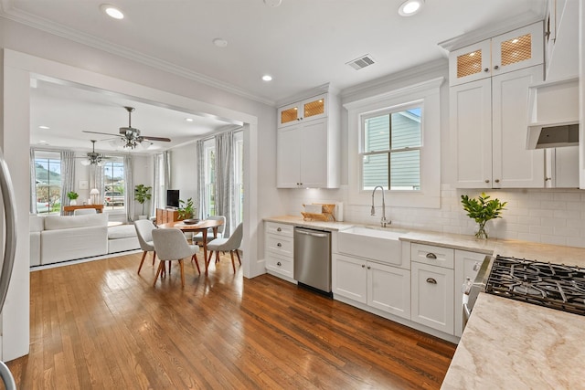 kitchen featuring stainless steel appliances, a sink, a wealth of natural light, and crown molding