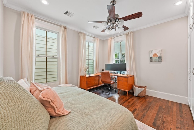bedroom featuring baseboards, recessed lighting, ornamental molding, and dark wood-style flooring
