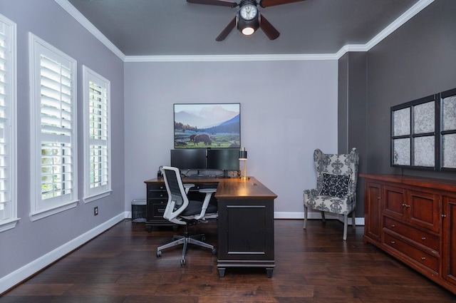 office space with baseboards, ceiling fan, ornamental molding, and dark wood finished floors