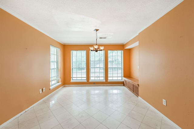 9402 Stockport Dr, Spring, TX 77379 - spare room with a chandelier, baseboards, a textured ceiling, crown molding, and light tile patterned floors