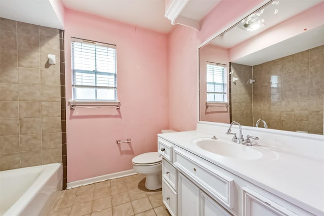 9402 Stockport Dr, Spring, TX 77379 - bathroom with tile patterned flooring, toilet, vanity, baseboards, and shower / bath combination