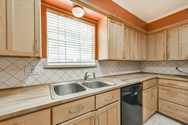 9402 Stockport Dr, Spring, TX 77379 - kitchen featuring black dishwasher, light brown cabinets, butcher block counters, a sink, and crown molding