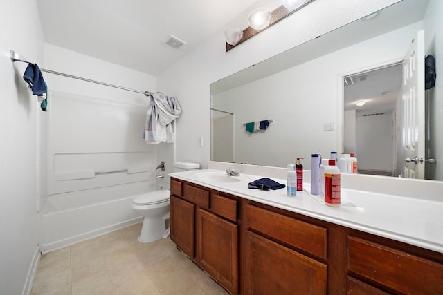 full bathroom with toilet, vanity, bathtub / shower combination, and visible vents