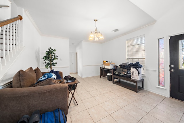 living area featuring stairway, an inviting chandelier, visible vents, light tile patterned flooring, and crown molding