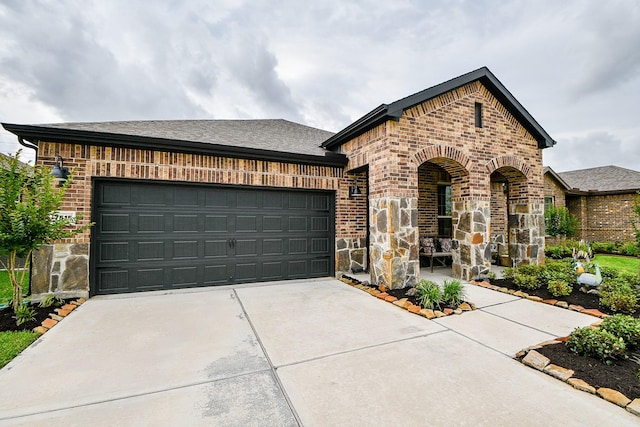 french country home featuring brick siding, an attached garage, driveway, and stone siding