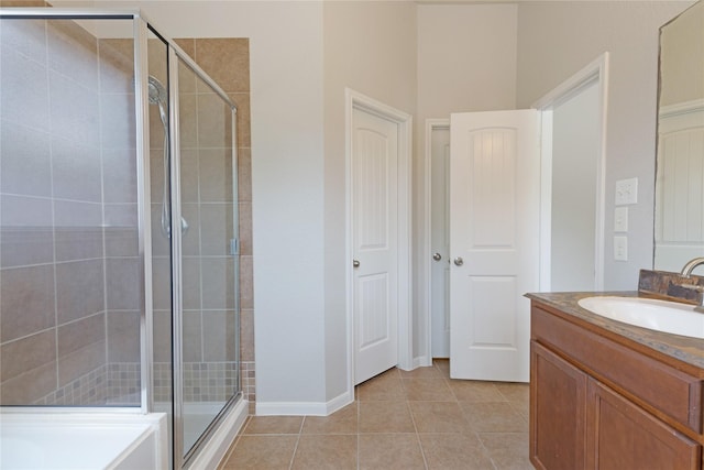 bathroom featuring tile patterned floors, vanity, and a stall shower