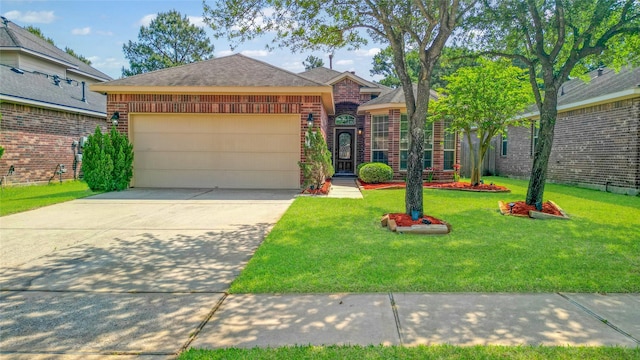 view of front facade featuring driveway, brick siding, a front yard, and a garage