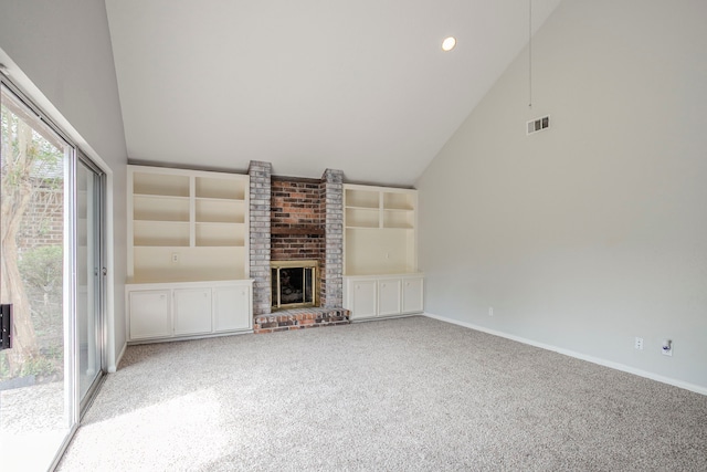 5893 Southern Hills Dr, Houston, TX 77069 - unfurnished living room featuring carpet flooring, visible vents, baseboards, high vaulted ceiling, and a fireplace