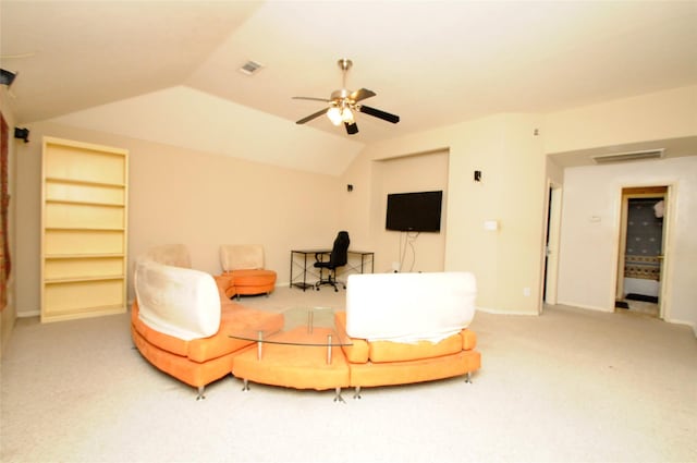 2631 Plantation Hollow Ct, Missouri City, TX 77459 - living room with vaulted ceiling, ceiling fan, carpet flooring, and baseboards