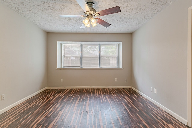 unfurnished room with wood-type flooring, a textured ceiling, baseboards, and ceiling fan
