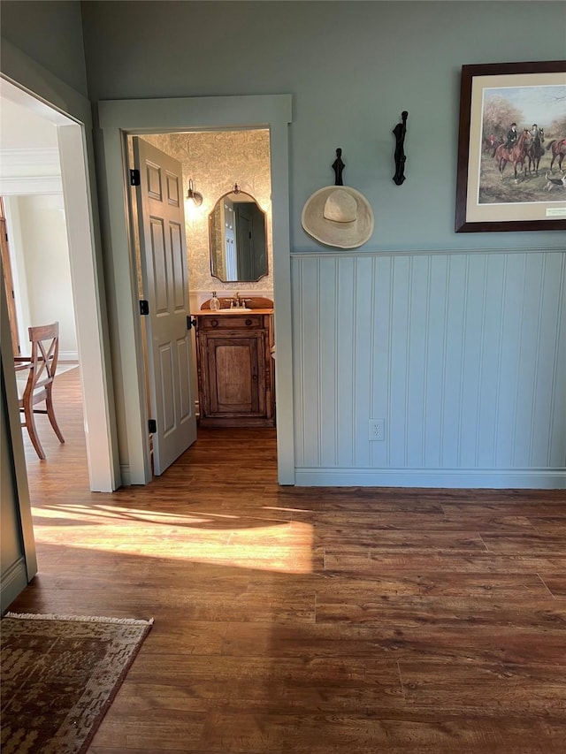 corridor featuring wood finished floors, a wainscoted wall, and a sink