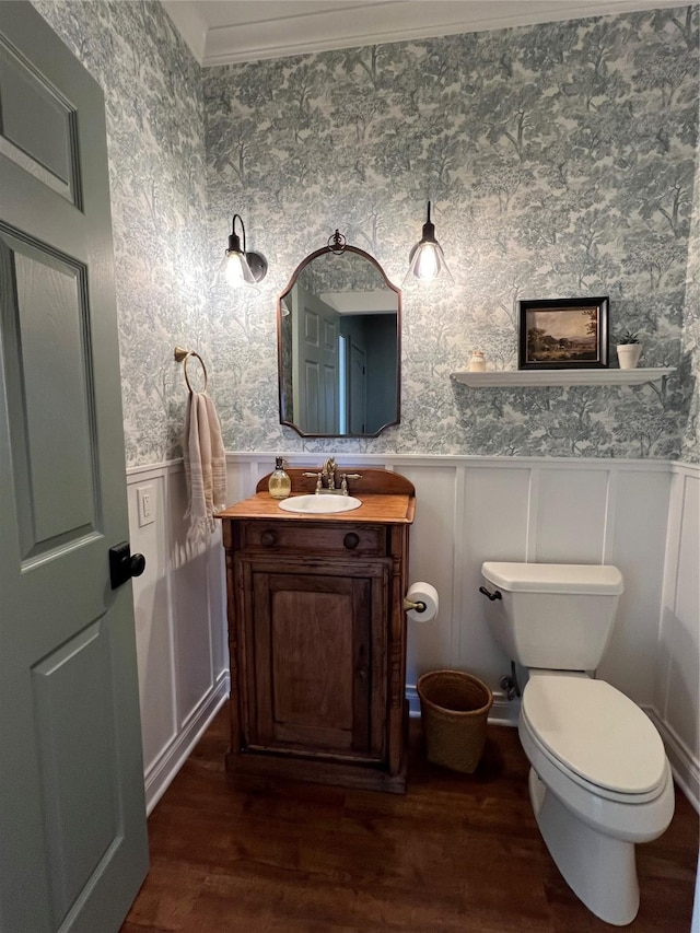 half bathroom with a wainscoted wall, wood finished floors, toilet, vanity, and a decorative wall