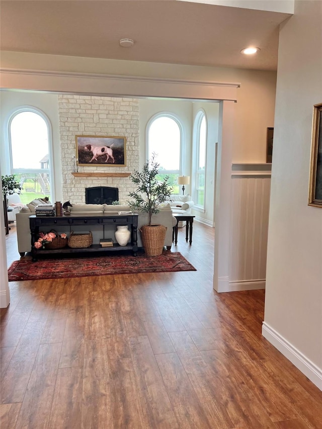 living room featuring baseboards, wood finished floors, and a fireplace