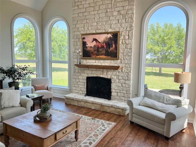 living room featuring wood finished floors, a wealth of natural light, lofted ceiling, and a large fireplace