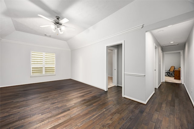 2634 Couch St, Houston, TX 77008 - interior space with ceiling fan, baseboards, dark wood finished floors, lofted ceiling, and visible vents