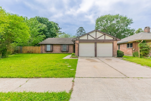 view of front of house with concrete driveway, a front lawn, brick siding, and a garage