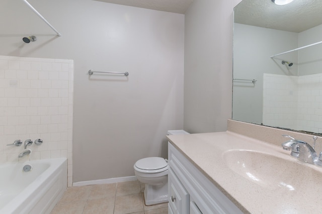 full bath featuring a textured ceiling, toilet, vanity, and tile patterned floors