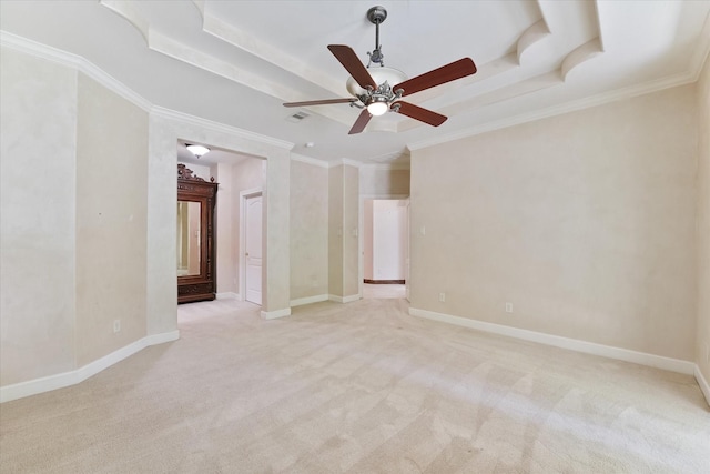 41411 Roundup Rd, Magnolia, TX 77354 - unfurnished room with ornamental molding, a ceiling fan, light colored carpet, and a tray ceiling