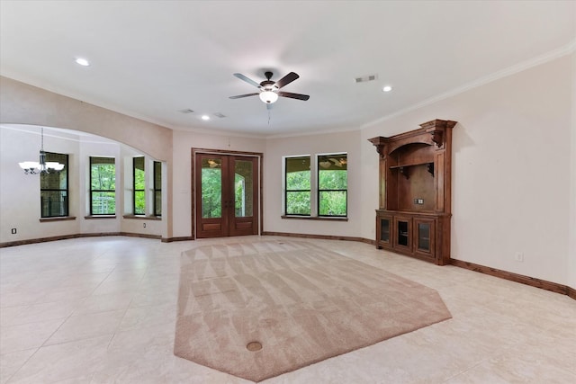 41411 Roundup Rd, Magnolia, TX 77354 - unfurnished living room with light tile patterned flooring, visible vents, and ornamental molding