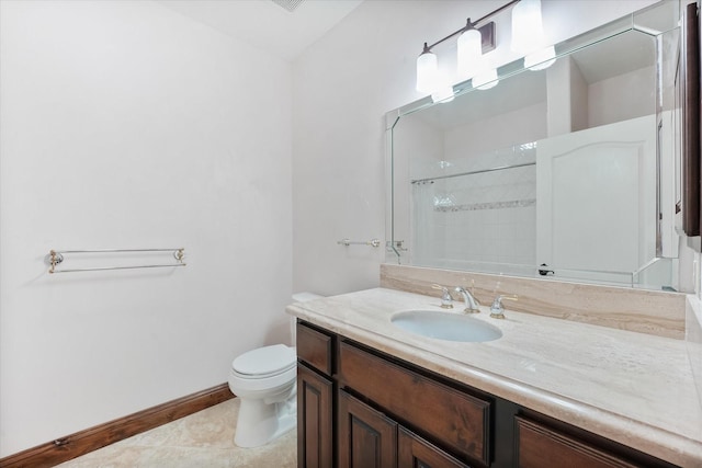41411 Roundup Rd, Magnolia, TX 77354 - full bathroom featuring baseboards, walk in shower, toilet, tile patterned floors, and vanity