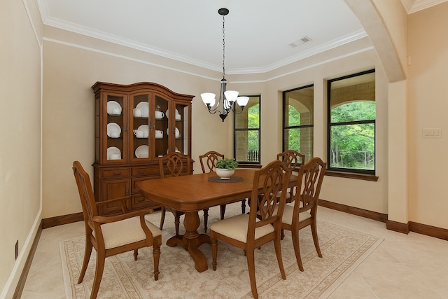 41411 Roundup Rd, Magnolia, TX 77354 - dining room featuring a chandelier, light tile patterned floors, crown molding, visible vents, and baseboards
