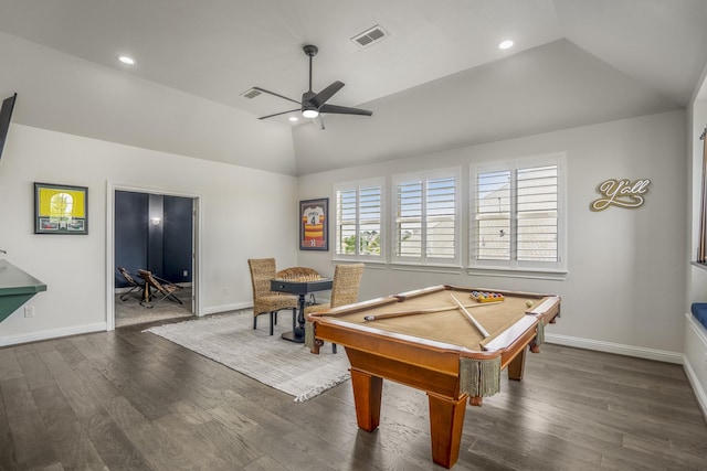 playroom featuring visible vents, wood finished floors, baseboards, ceiling fan, and vaulted ceiling