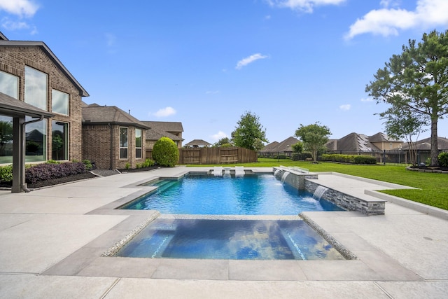 view of pool with a fenced backyard, a patio area, a yard, and a residential view